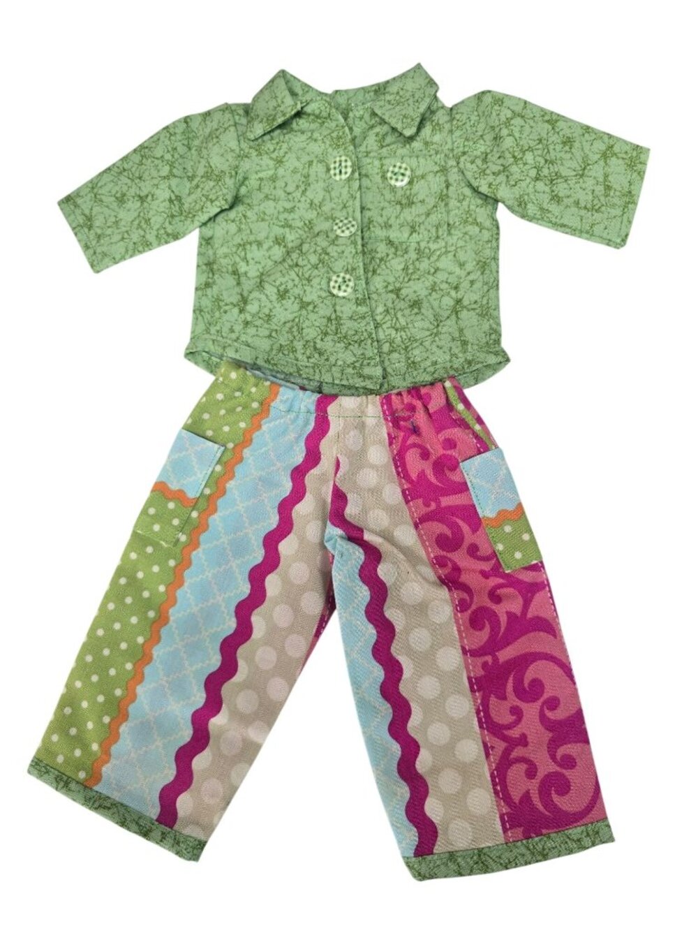 New Handmade 18" Doll Clothes Set Green & Bright Multi Patterned Pants